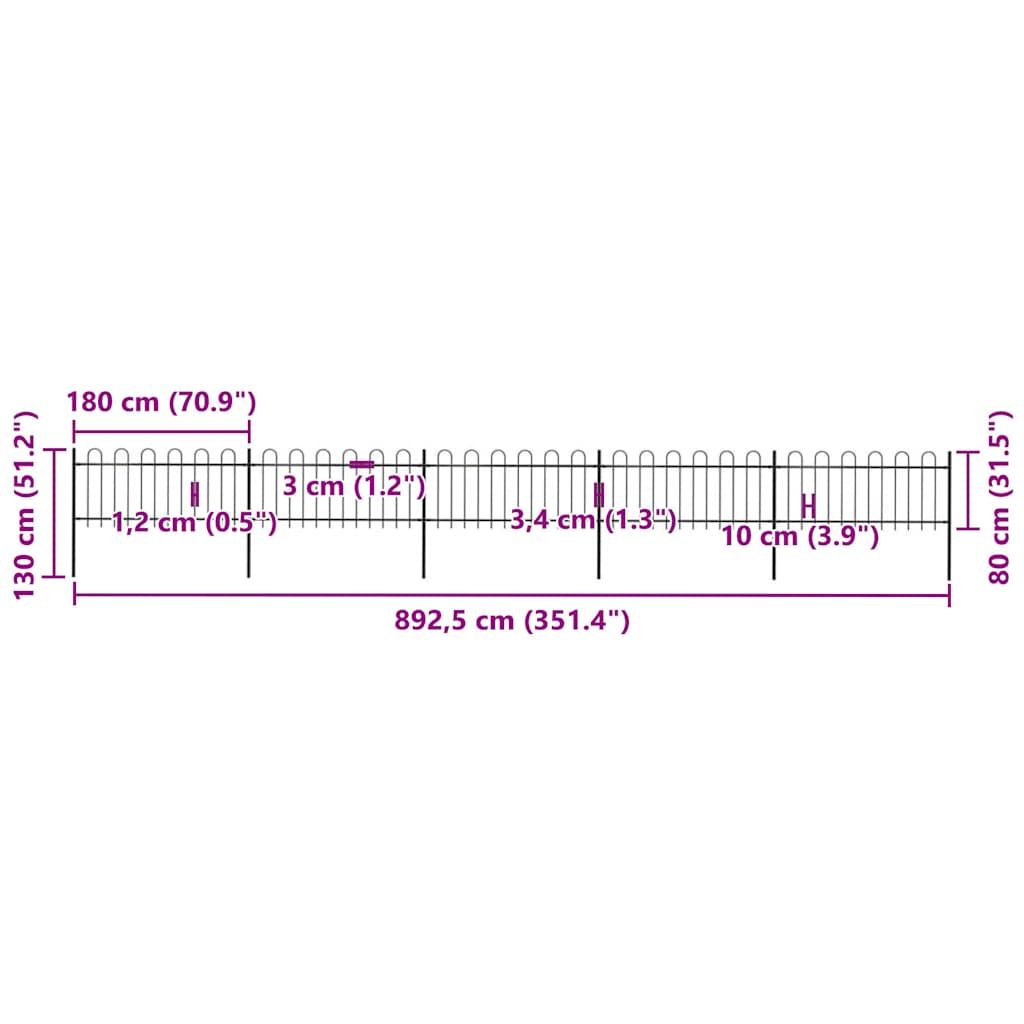 Garden Fence with Hoop Top Steel 892.5x80 cm Black
