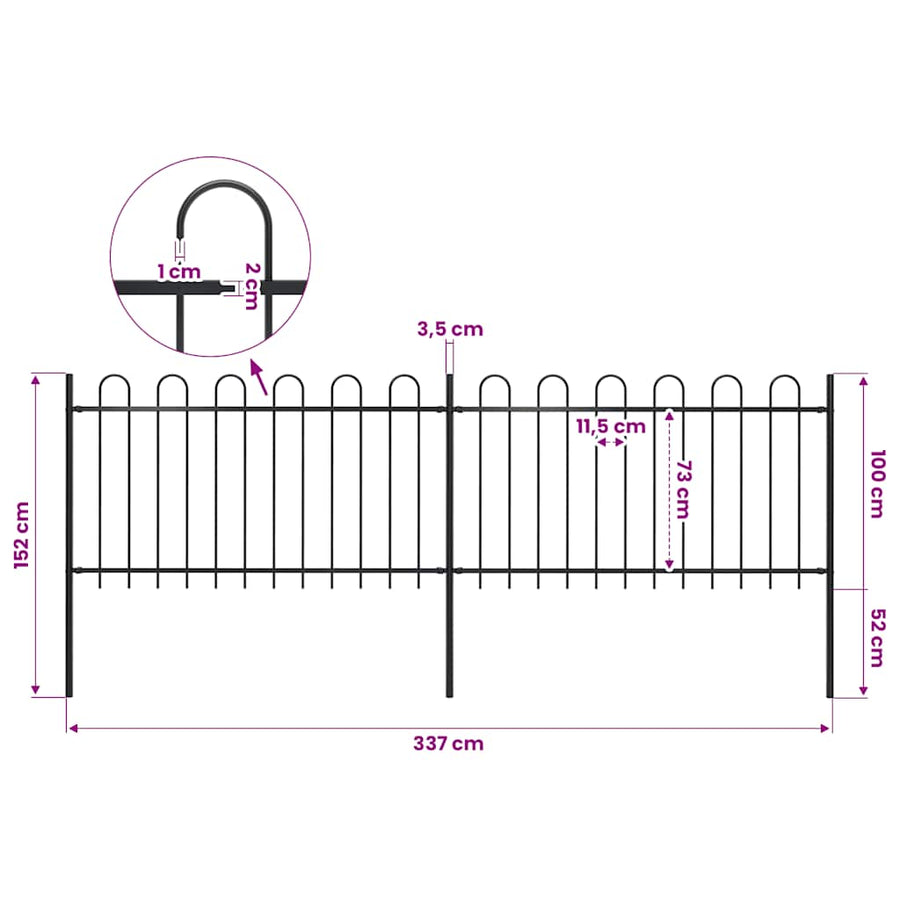 Garden Fence with Hoop Top Steel 337x100 cm Black
