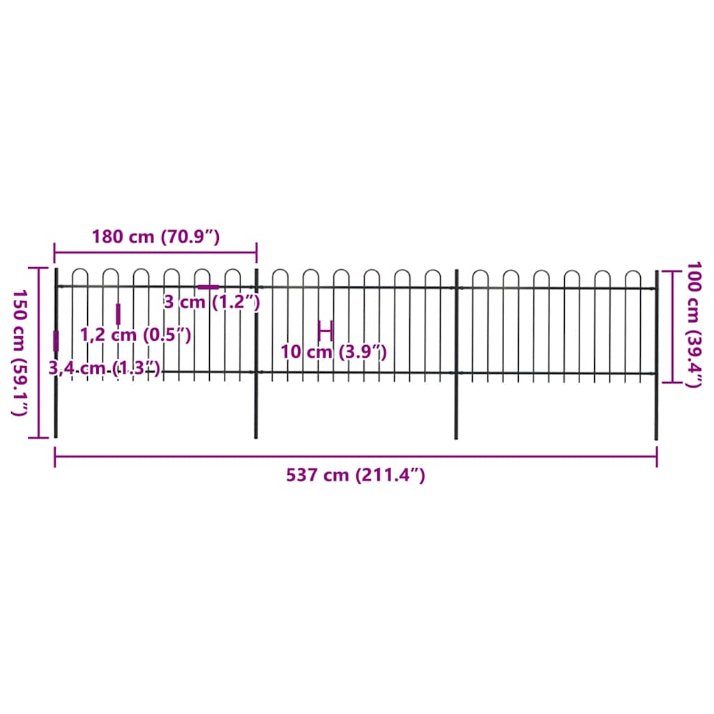Garden Fence with Hoop Top Steel 537x100 cm Black