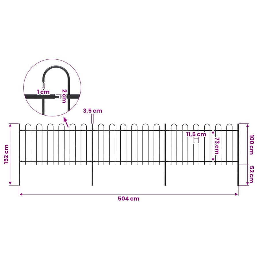 Garden Fence with Hoop Top Steel 504x100 cm Black
