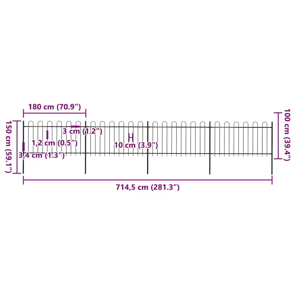 Garden Fence with Hoop Top Steel 714.5x100 cm Black