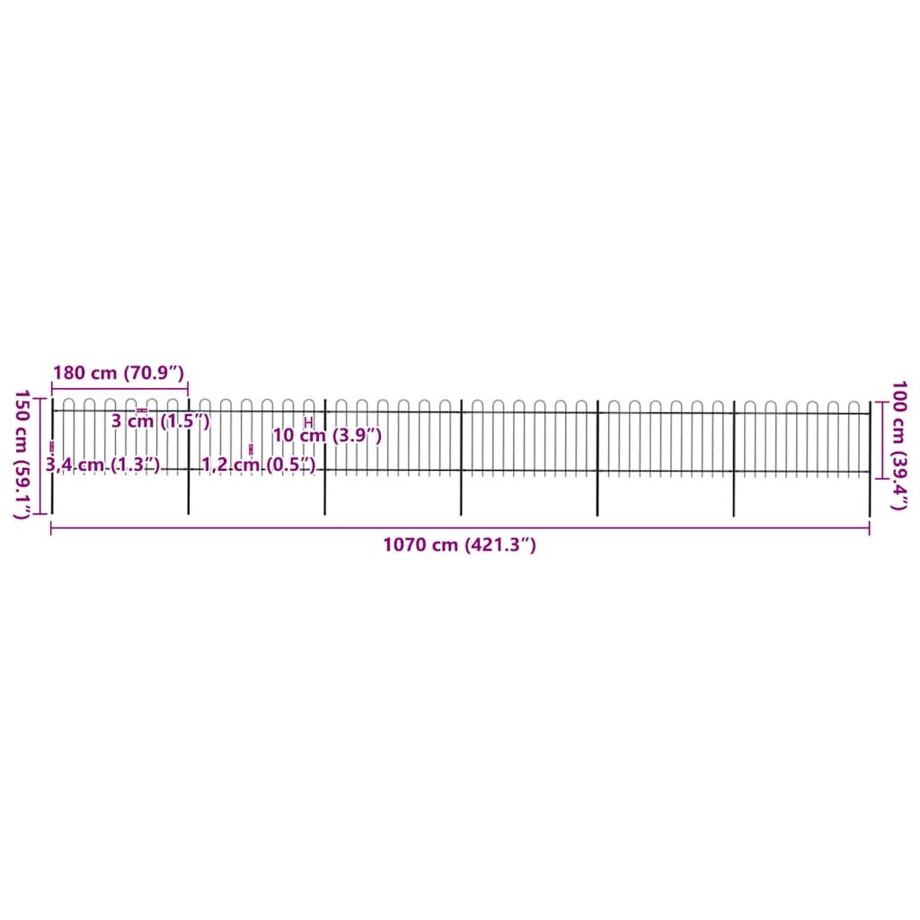 Garden Fence with Hoop Top Steel 1070x100 cm Black