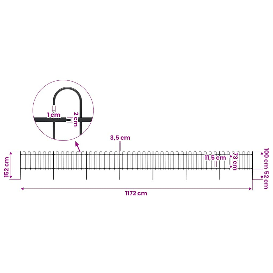 Garden Fence with Hoop Top Steel 1172x100 cm Black