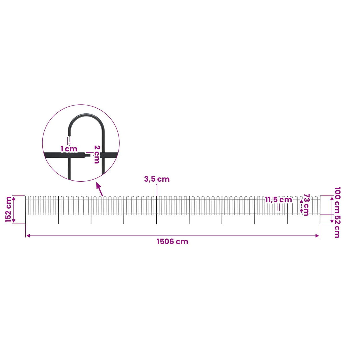 Garden Fence with Hoop Top Steel 1506x100 cm Black
