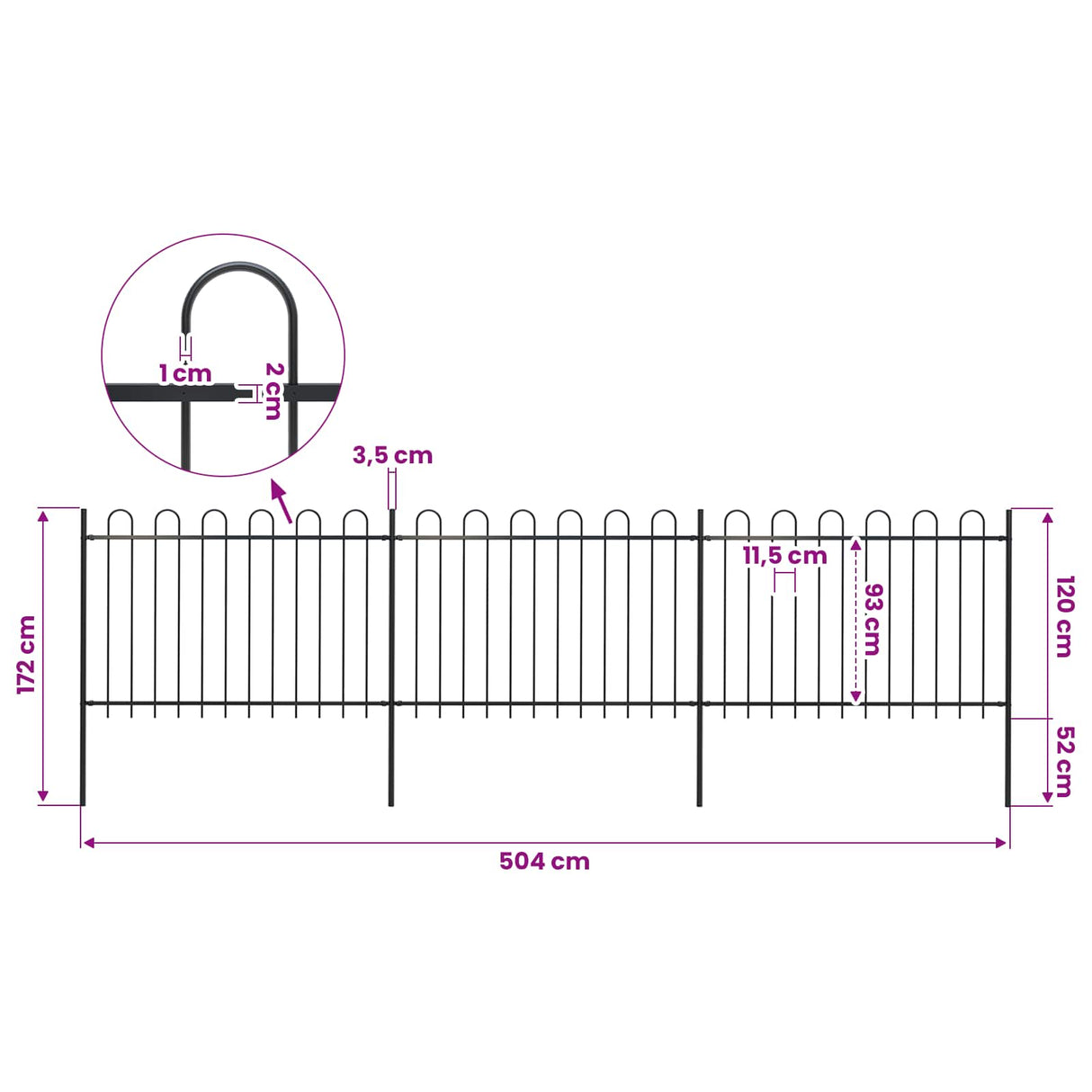 Garden Fence with Hoop Top Steel 504x120 cm Black