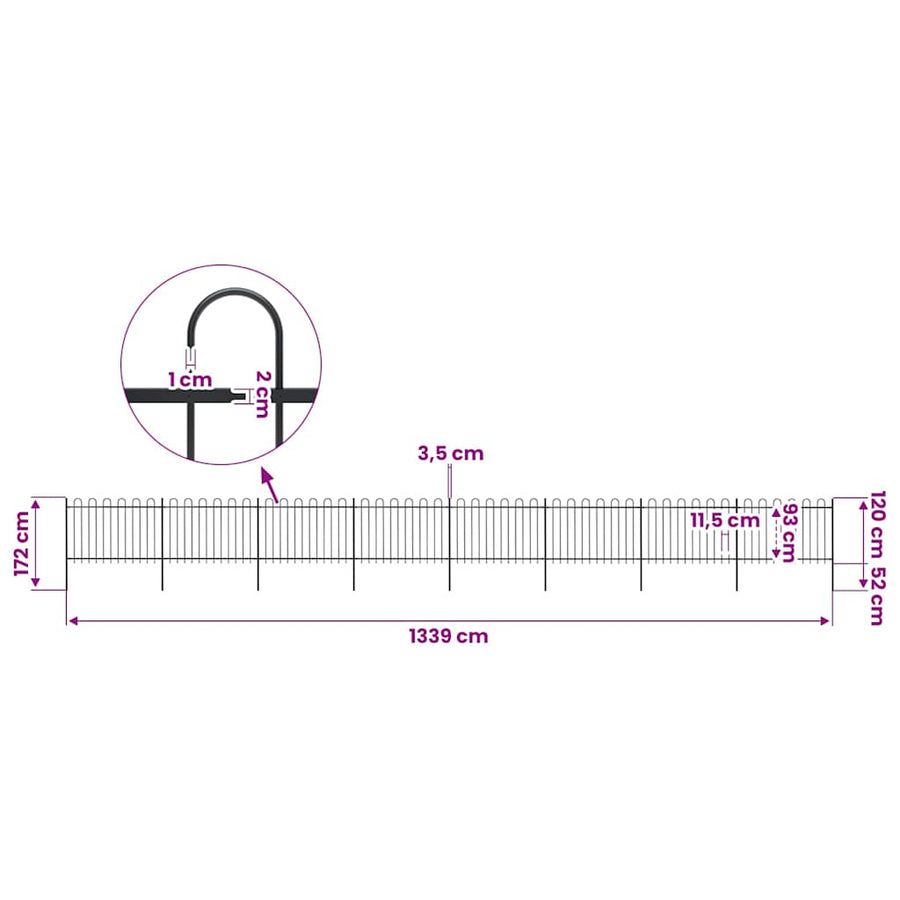 Garden Fence with Hoop Top Steel 1339x120 cm Black