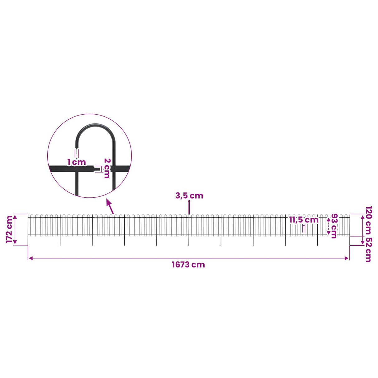 Garden Fence with Hoop Top Steel 1673x120 cm Black