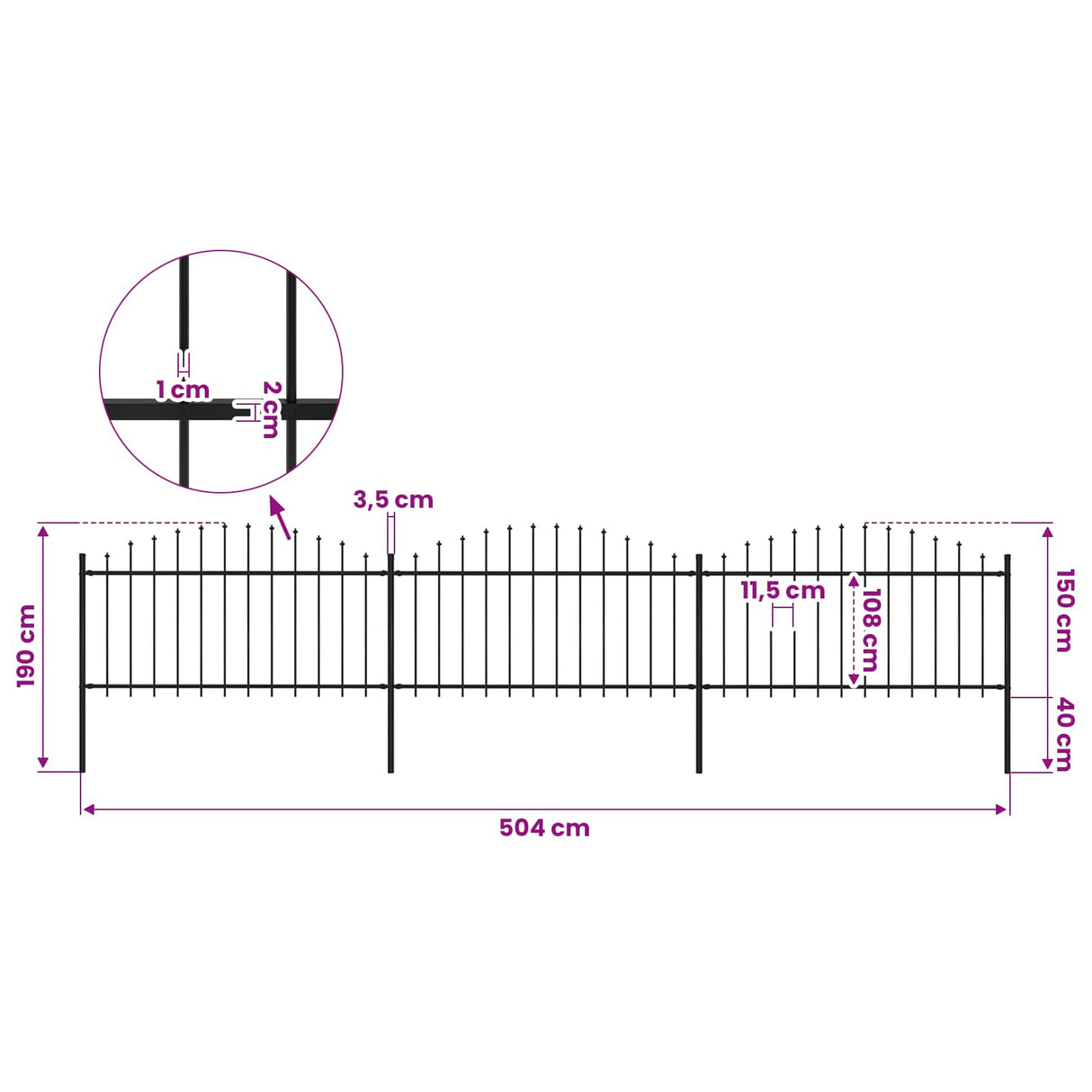 Garden Fence with Spear Top Steel 504x150 cm Black