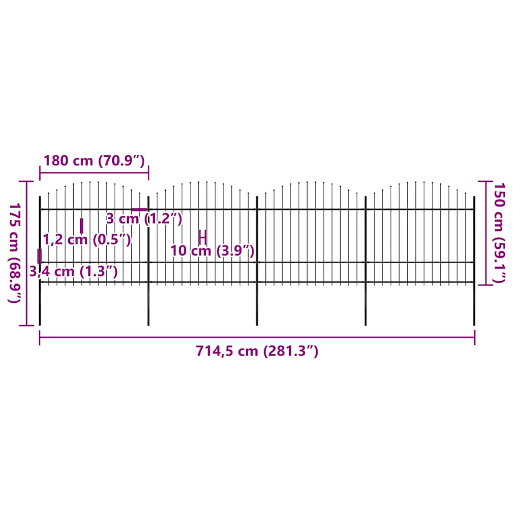 Garden Fence with Spear Top Steel 714,5x175 cm Black (4x144944)