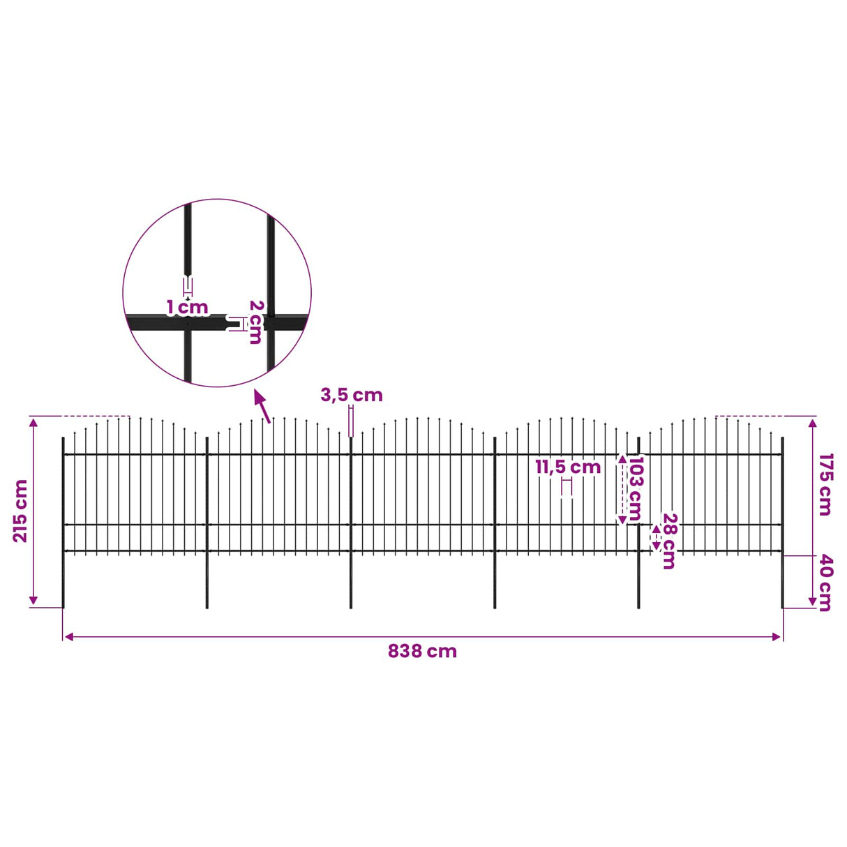 Garden Fence with Spear Top Steel 838x175 cm Black