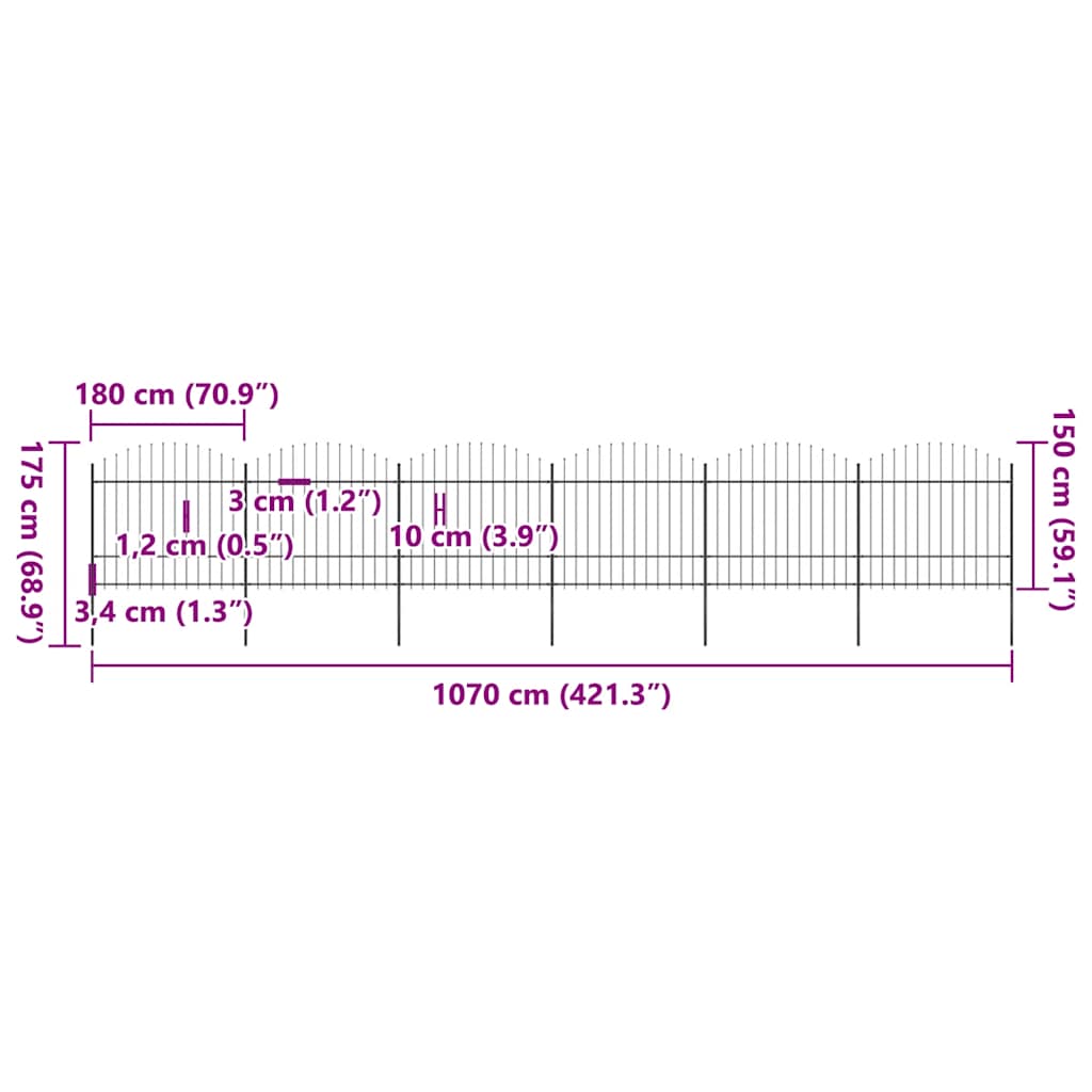 Garden Fence with Spear Top Steel 1070x175 cm Black (6x144944)