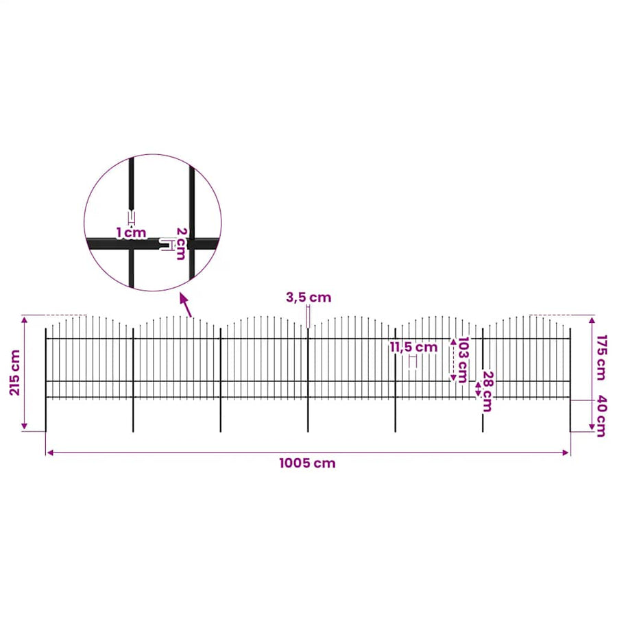 Garden Fence with Spear Top Steel 1005x175 cm Black