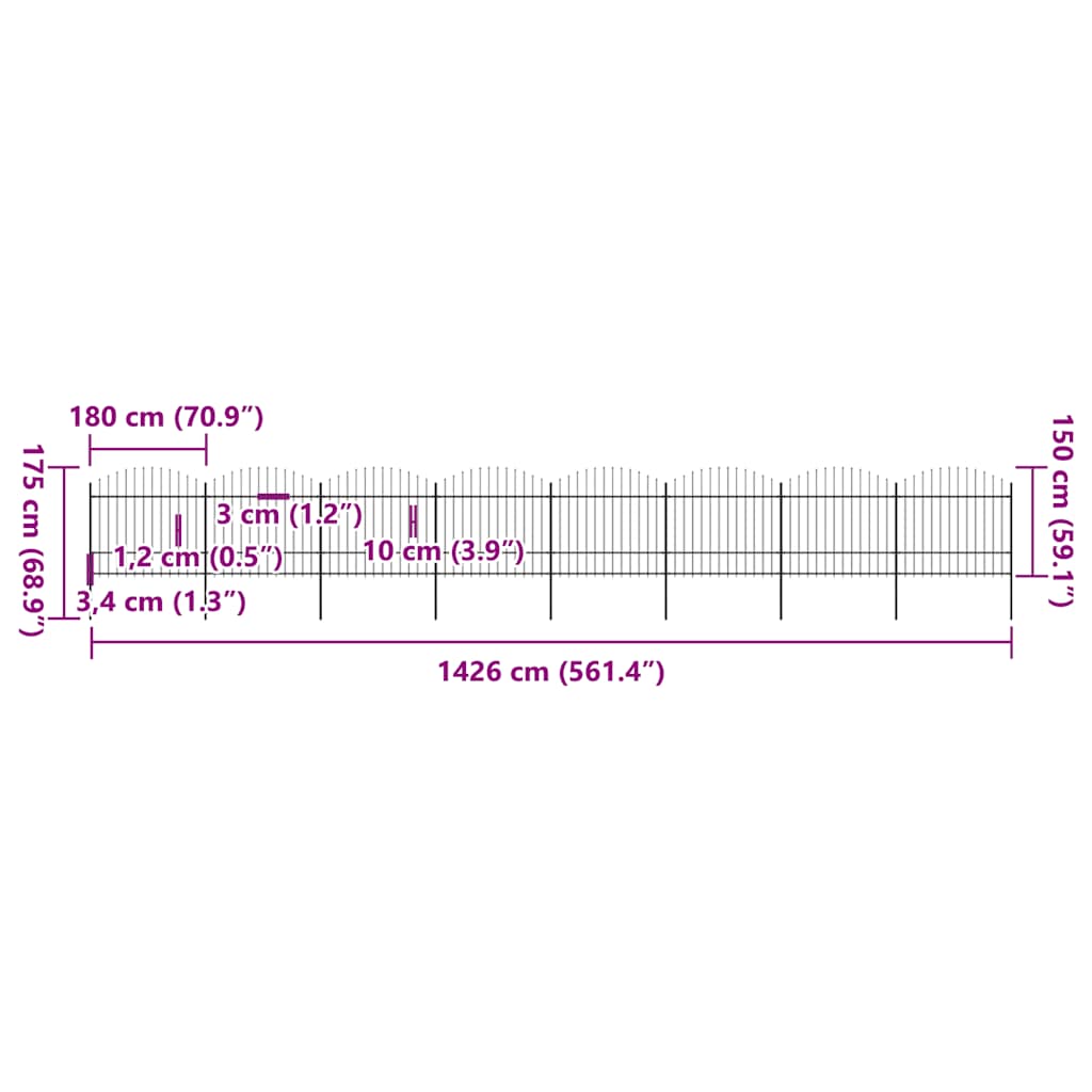 Garden Fence with Spear Top Steel 1426x175 cm Black (8x144944)