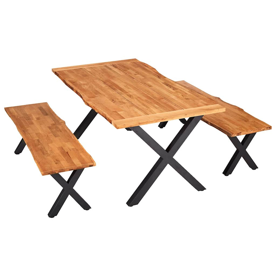3 Piece Dining Set Solid Oak Wood Natural