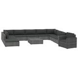 11 Piece Garden Lounge Set with Cushions Poly Rattan Grey - Front View