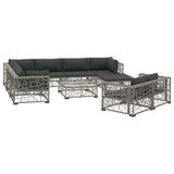 10 Piece Garden Lounge Set with Cushions Poly Rattan Grey - Front View