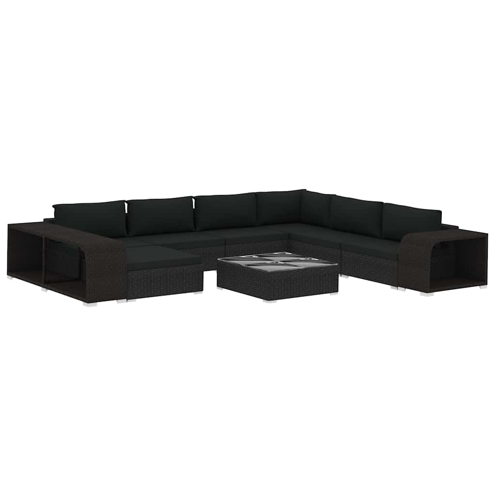 10 Piece Garden Lounge Set with Cushions Poly Rattan Black
