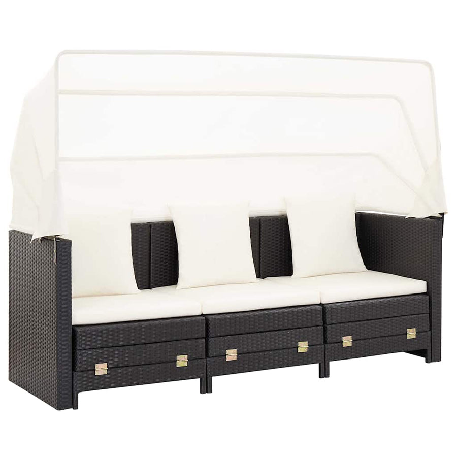 Extendable 3-Seater Sofa Bed with Roof Poly Rattan Black