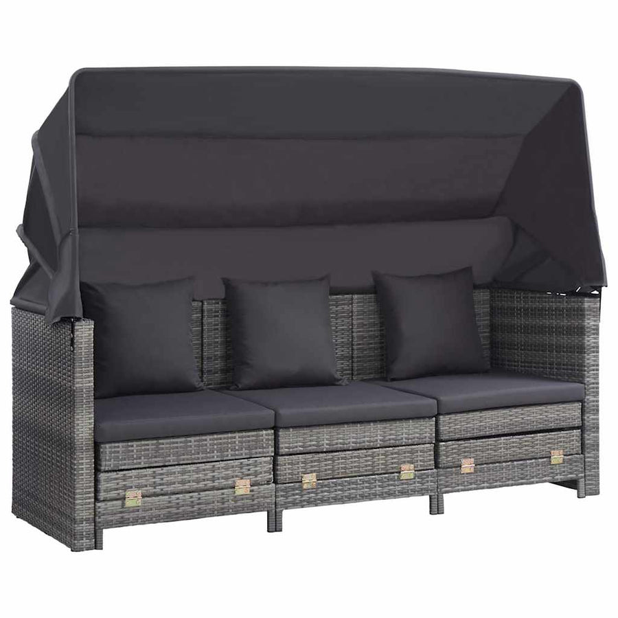 Extendable 3-Seater Sofa Bed with Roof Poly Rattan Grey