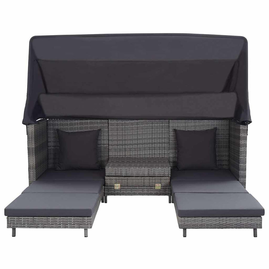 Extendable 3-Seater Sofa Bed with Roof Poly Rattan Grey