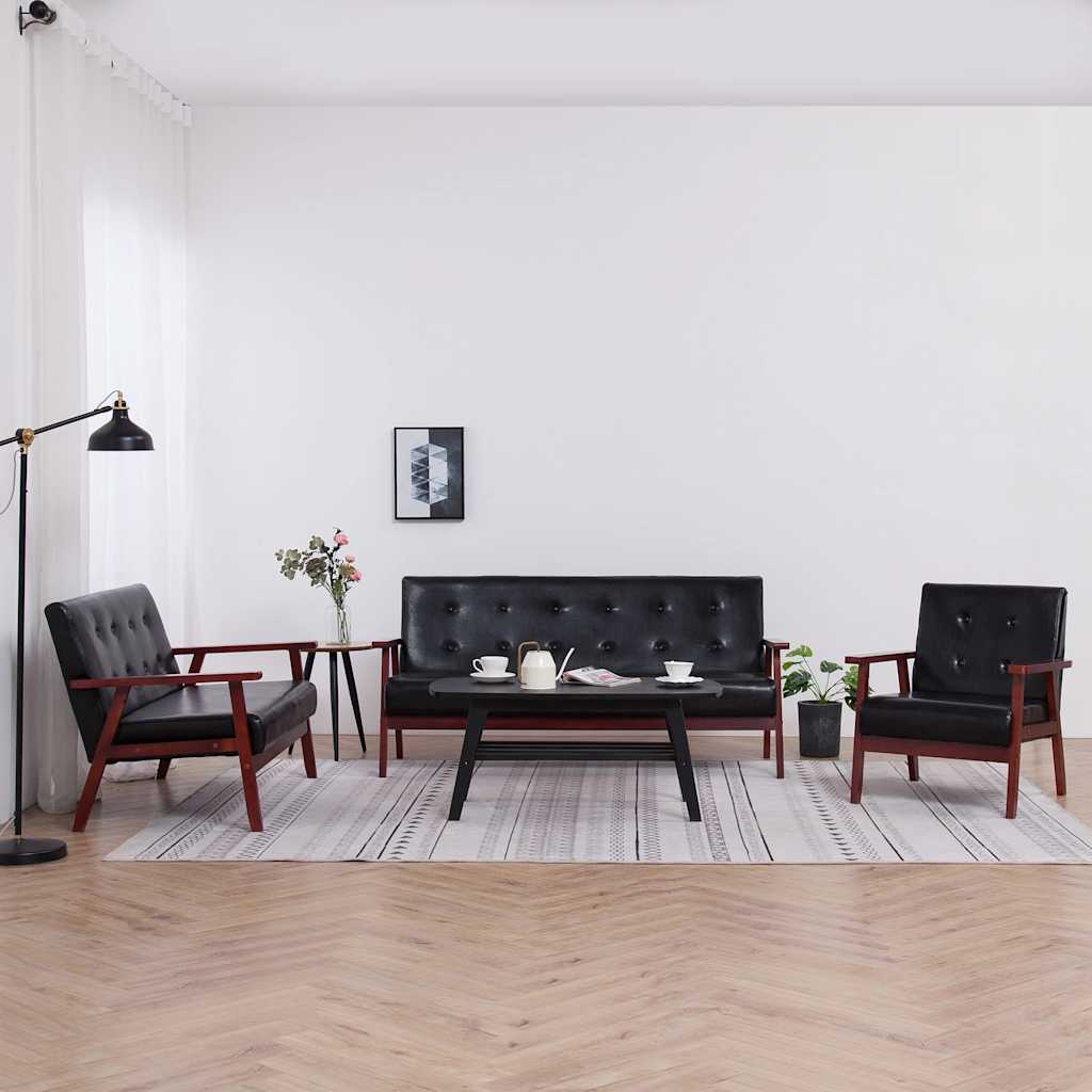 Sofa Set 3 Piece Black Faux Leather