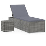Sun Lounger with Cushion and Tea Table Poly Rattan Grey - Front View