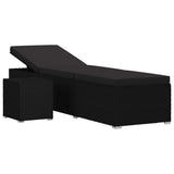 Sun Lounger with Cushion and Tea Table Poly Rattan Black - Front View