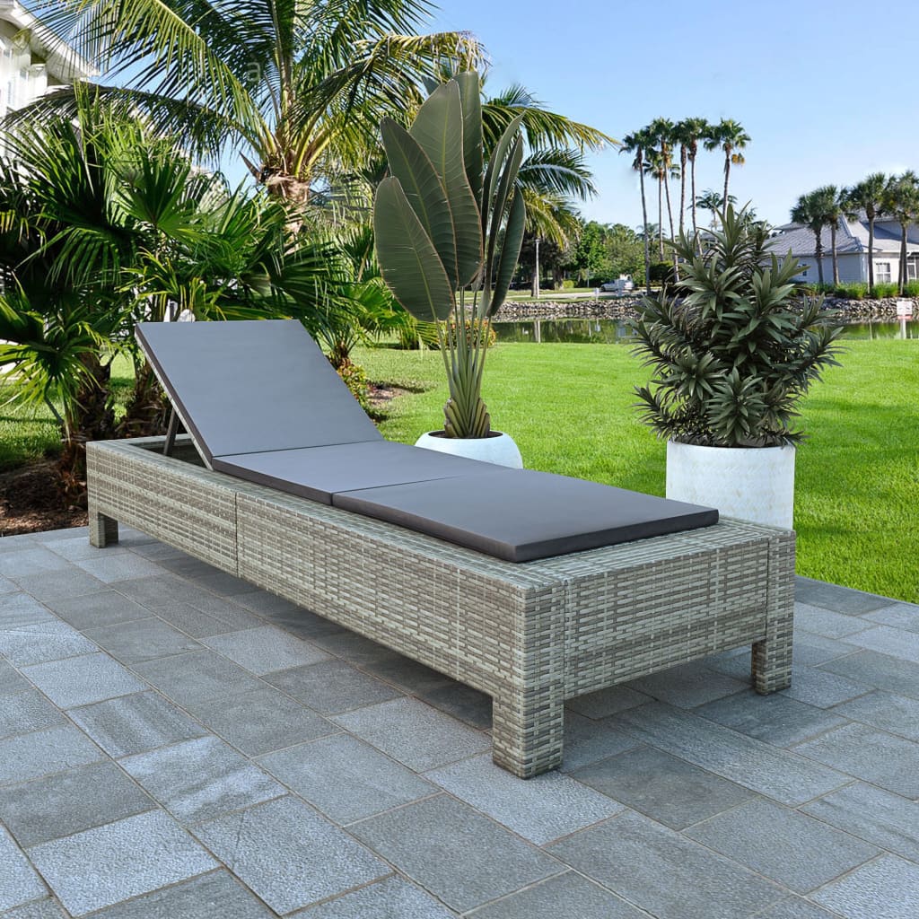 Sunbed with Cushion Grey Poly Rattan