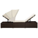 Sun Lounger with Canopy and Cushion Poly Rattan Brown - 45-Degree Angle