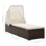 Sun Lounger with Canopy and Cushion Poly Rattan Brown - Low Angle