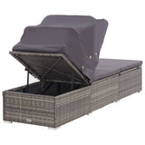 Sun Lounger with Canopy and Cushion Poly Rattan Grey - 45-Degree Angle