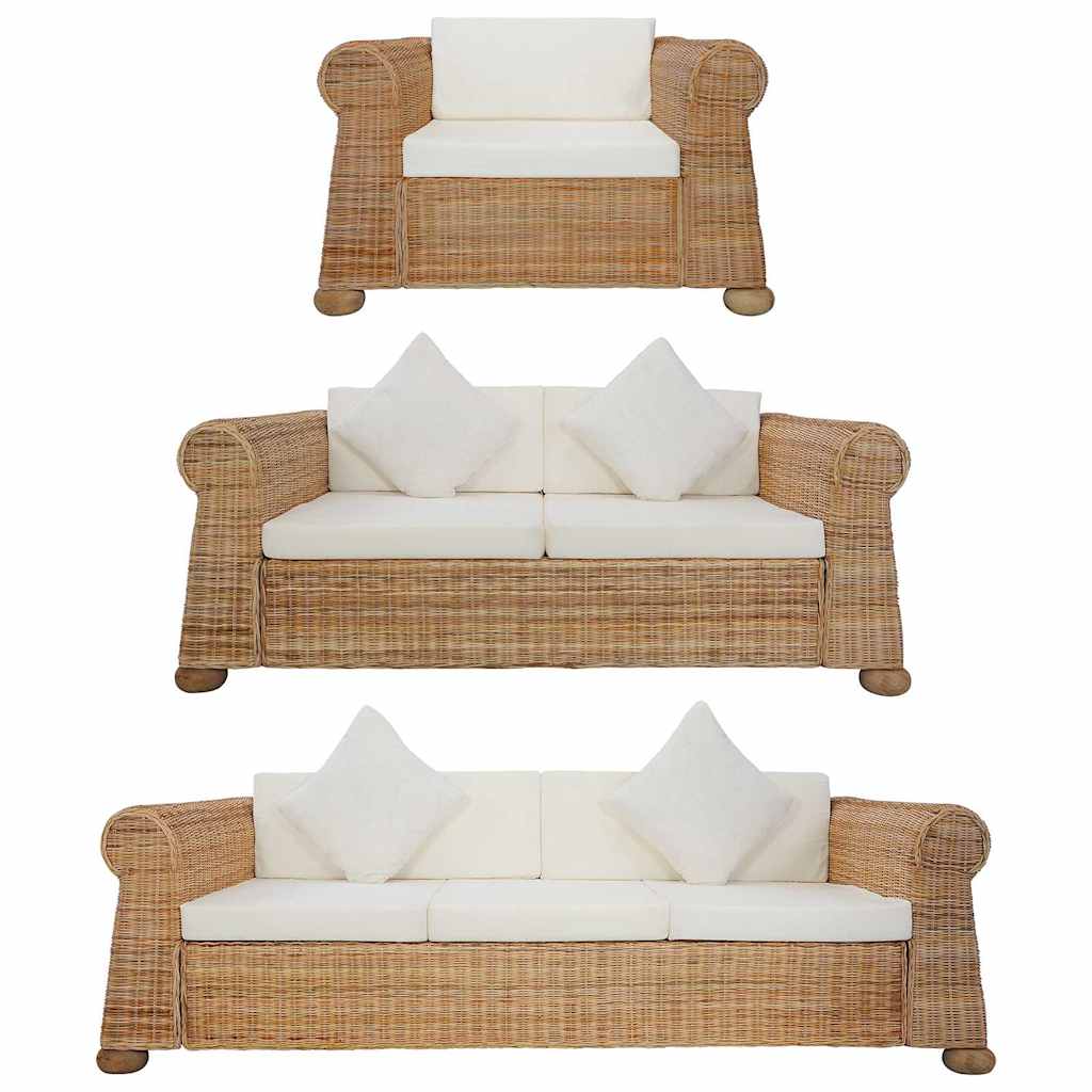 3 Piece Sofa Set with Cushions Natural Rattan