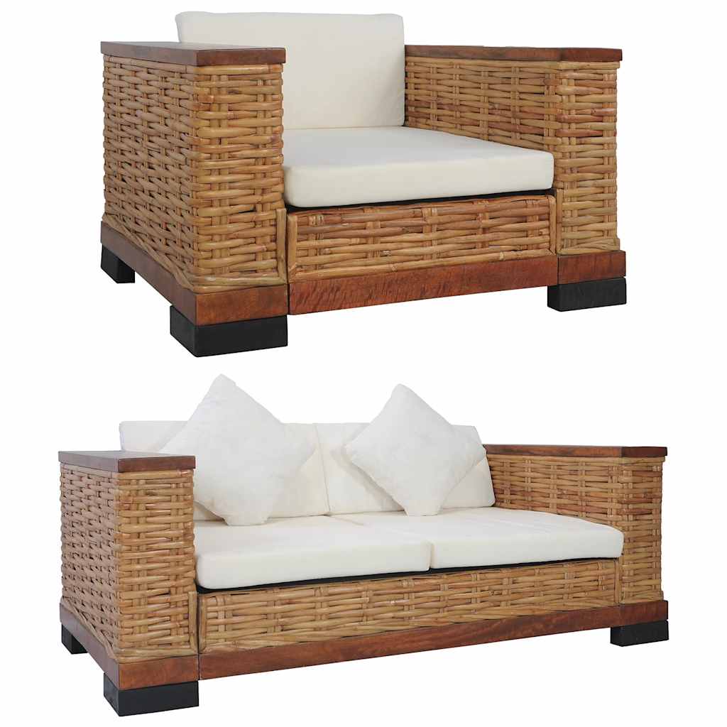 2 Piece Sofa Set with Cushions Brown Natural Rattan