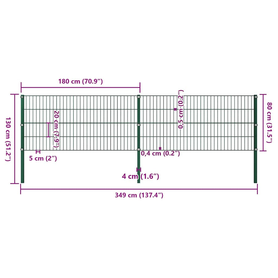 Fence Panel with Posts Iron 349x80 cm Green