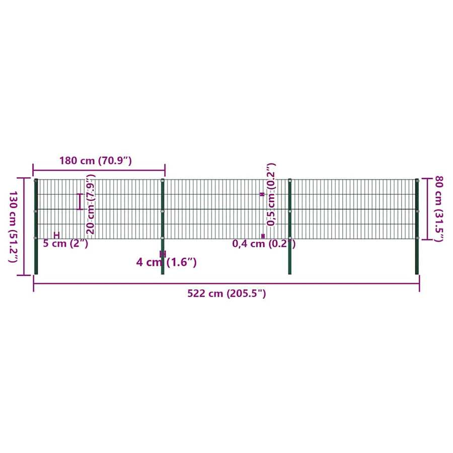 Fence Panel with Posts Iron 522x80 cm Green