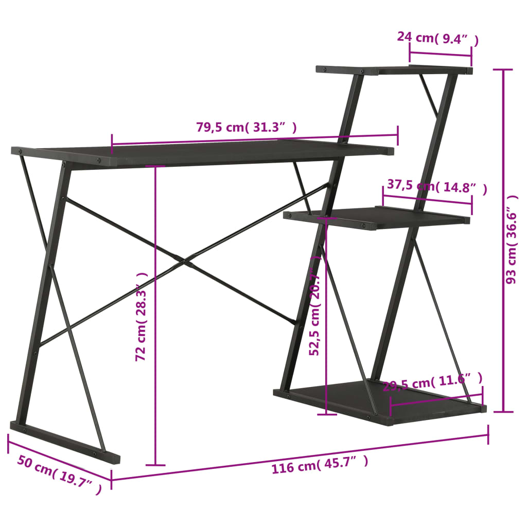 Desk With Shelf Black 116x50x93 Cm
