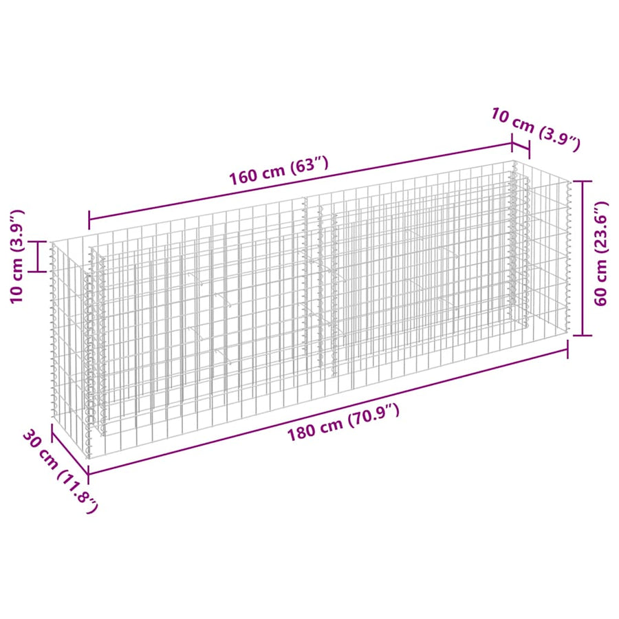 Gabion Raised Bed Galvanised Steel 180x30x60 cm