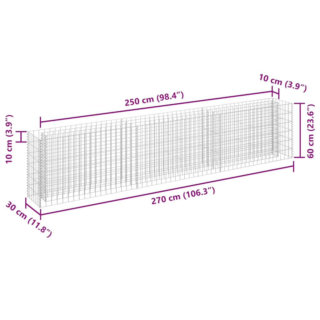 Gabion Raised Bed Galvanised Steel 270x30x60 cm
