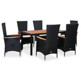 7 Piece Outdoor Dining Set Poly Rattan Acacia Wood Black - Front View