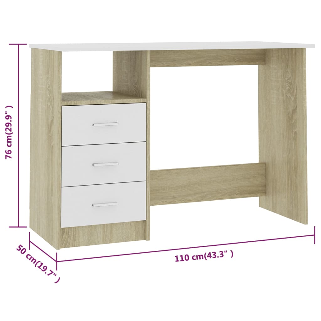 Desk with Drawers White and Sonoma Oak 110x50x76 cm Engineered Wood