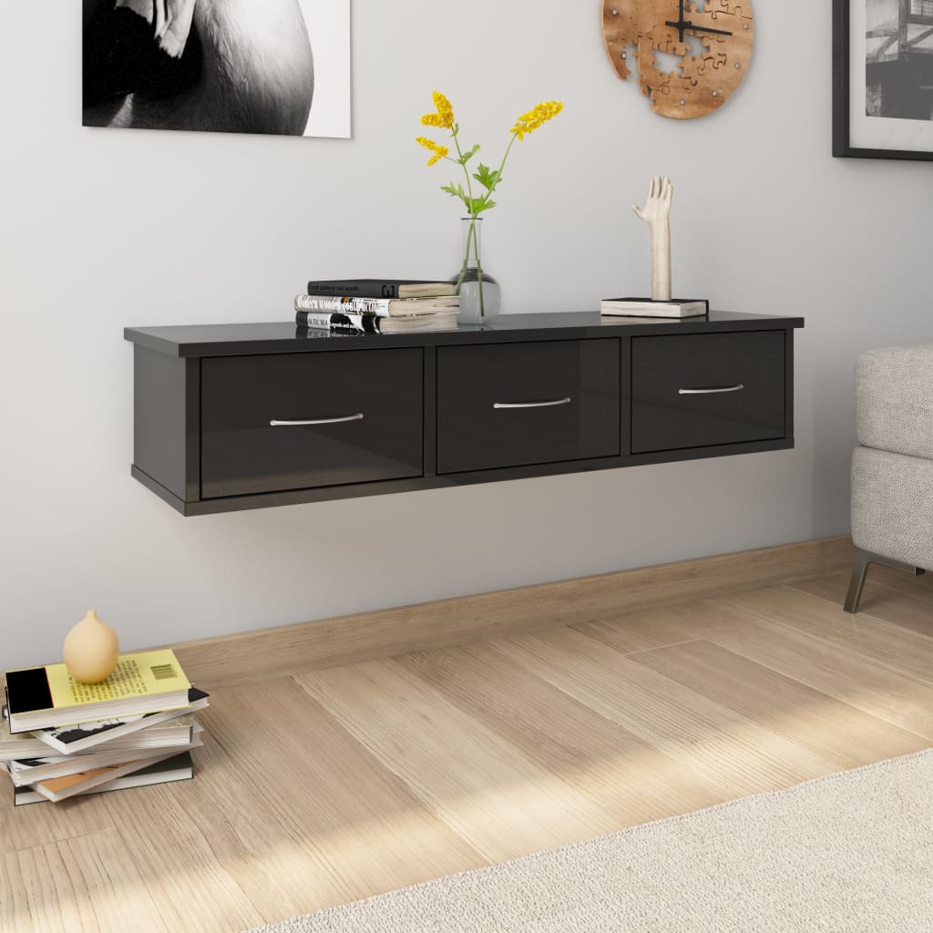 Wall-mounted Drawer Shelf High Gloss Black 88x26x18.5 cm Engineered Wood