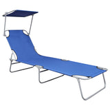 Folding Sun Lounger with Canopy Blue Aluminium - Front View
