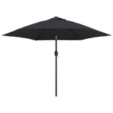 Garden Parasol with LED Lights and Steel Pole 300 cm Black - Front View