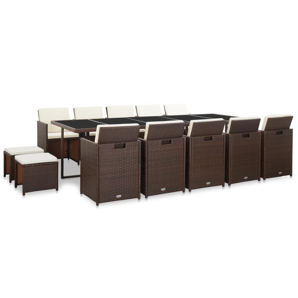 15 Piece Outdoor Dining Set with Cushions Poly Rattan Brown