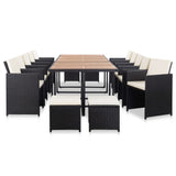 15 Piece Outdoor Dining Set with Cushions Poly Rattan Black - Front View