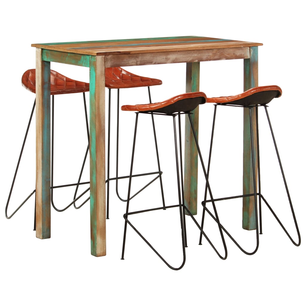 5 Piece Bar Set Solid Wood Reclaimed and Real Leather