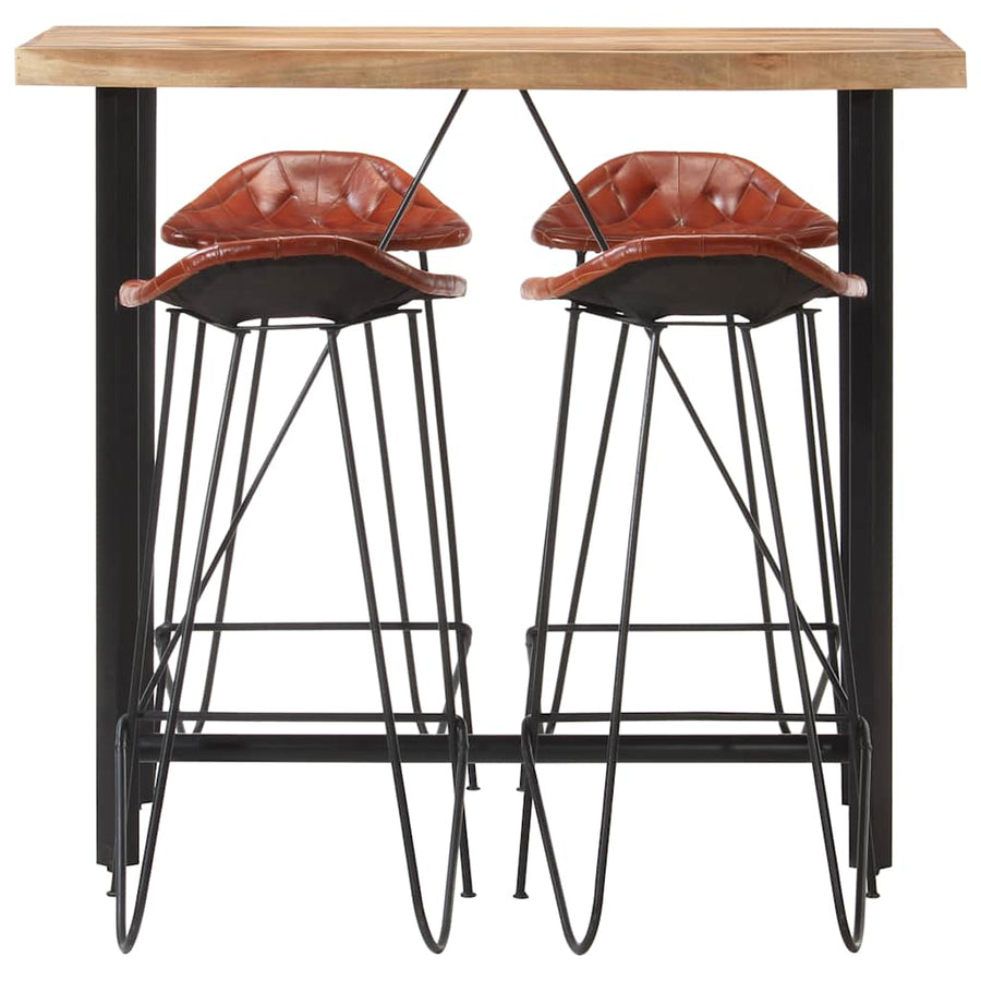 5 Piece Bar Set Solid Wood and Real Leather