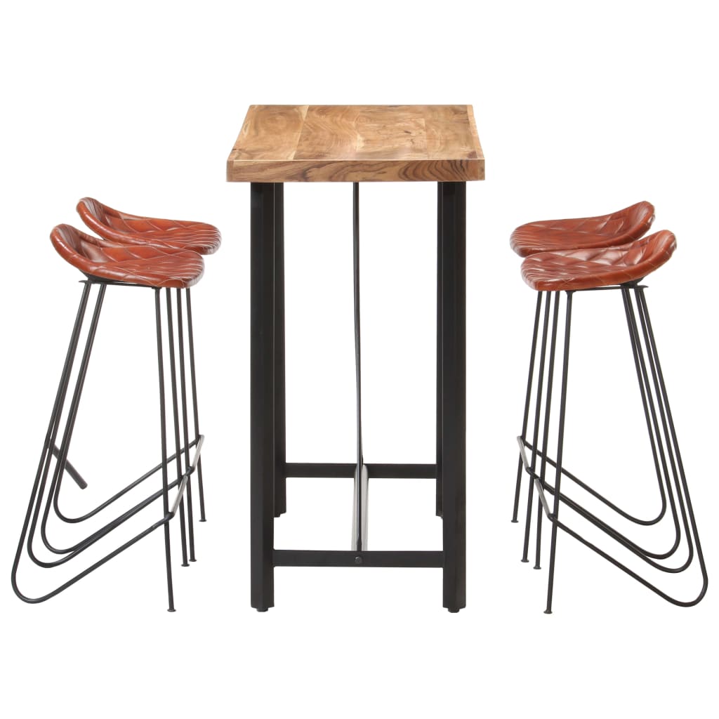 5 Piece Bar Set Solid Wood and Real Leather