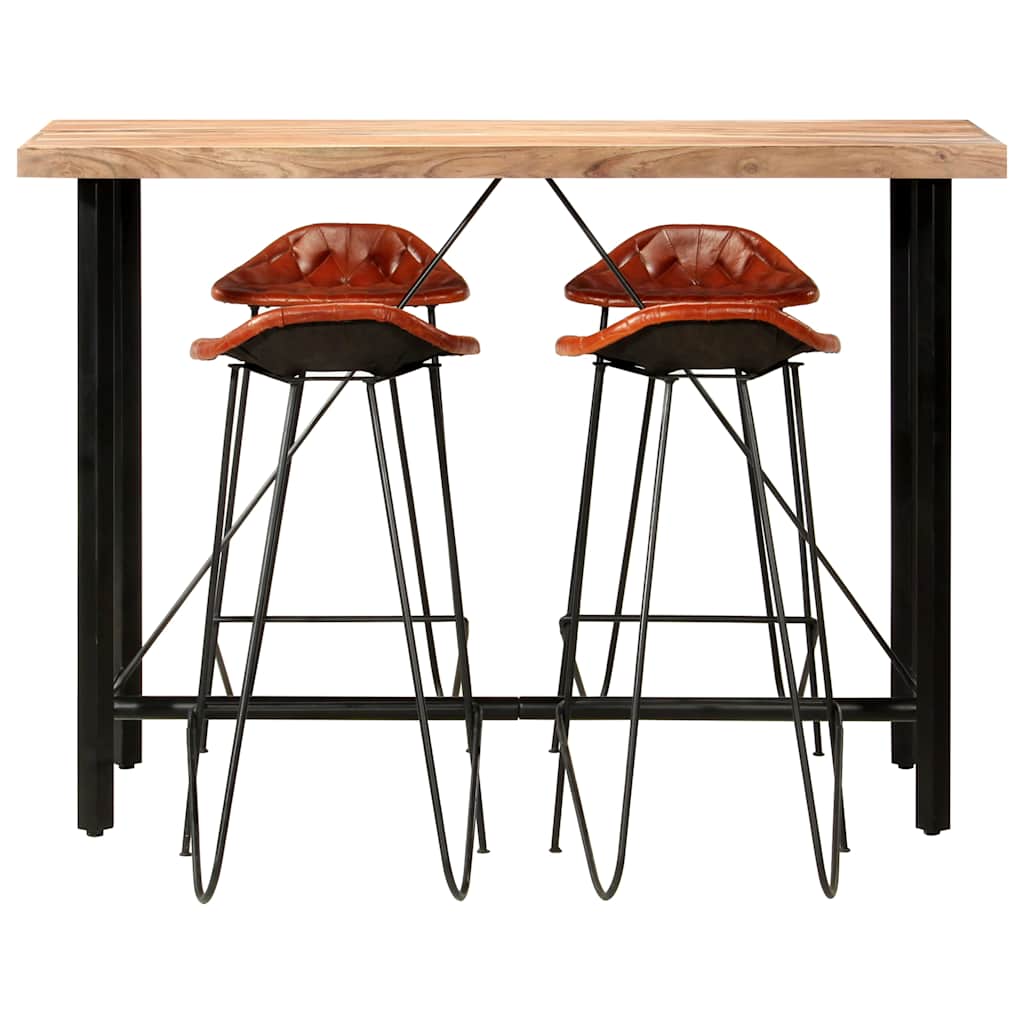 5 Piece Bar Set Solid Wood and Real Leather