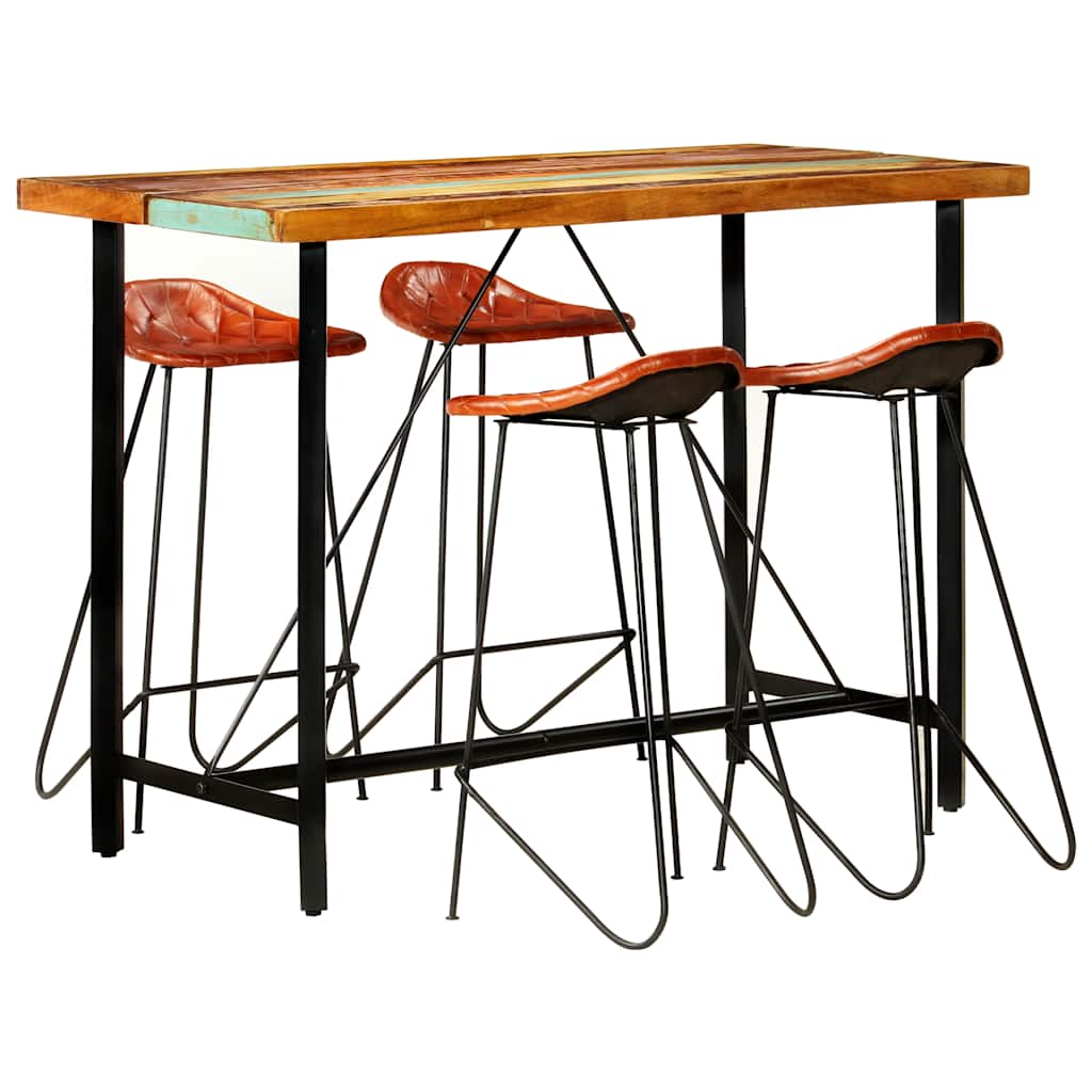 5 Piece Bar Set Solid Reclaimed Wood and Real Leather